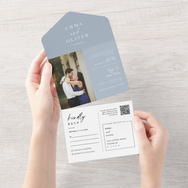 Elegant Modern Dusty Blue Boho QR-kod FotoOSA (Avrivbar del)