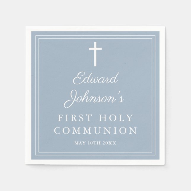 Elegant Modern Dusty Blue First Holy Communion Pappersservett (Framsidan)
