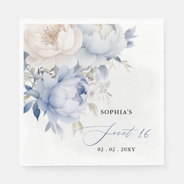 Elegant Modern Dusty Blue Floral Sweet 16 Pappersservett (Framsidan)