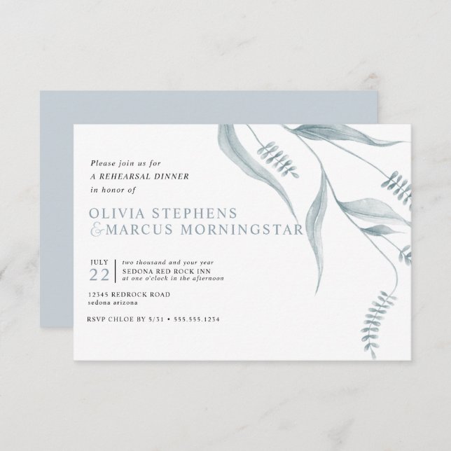 Elegant Modern Dusty Blue Foliage Inbjudningar (Fram/baksida)