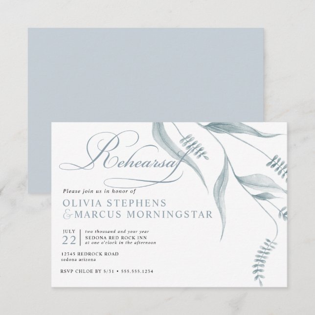 Elegant Modern Dusty Blue Foliage Inbjudningar (Fram/baksida)