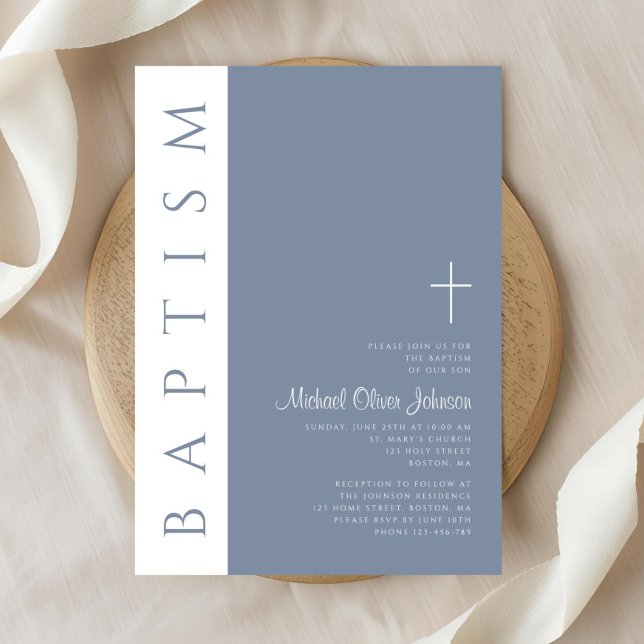 Elegant Modern Dusty Blue Kor Baptism Inbjudningar (Elegant Modern Dusty Blue Cross Baptism Invitation)