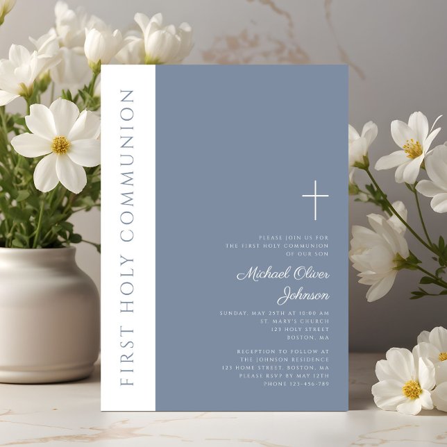 Elegant Modern Dusty Blue Kor First Communion Inbjudningar (Elegant Modern Dusty Blue Cross First Communion Invitation)