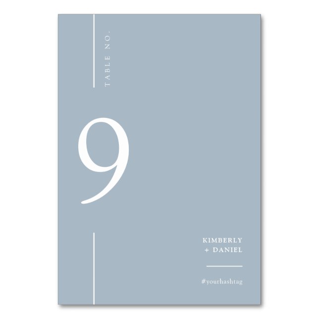 Elegant Modern Dusty Blue Minimal Bröllop-säten Bordsnummer (Framsidan)