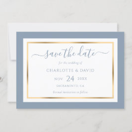 Elegant Modern Dusty Blue och Guld Bröllop Spara Datumet