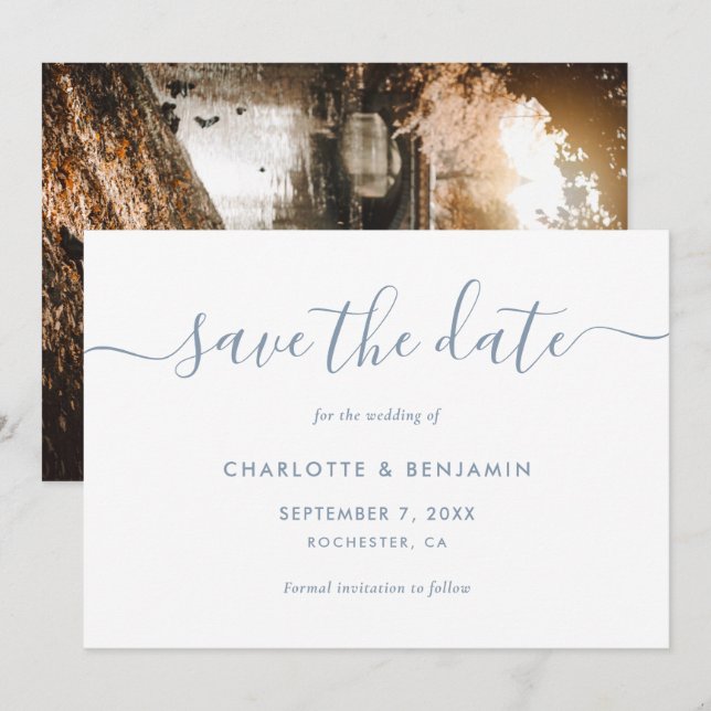 Elegant Modern Dusty Blue Photo Save Date Card Meddelande (Fram/baksida)