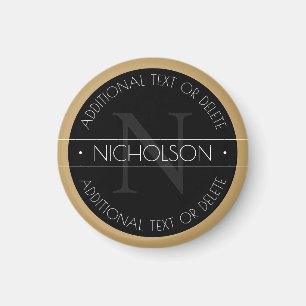 Elegant Modern Editable Monogram Black White Guld Magnet