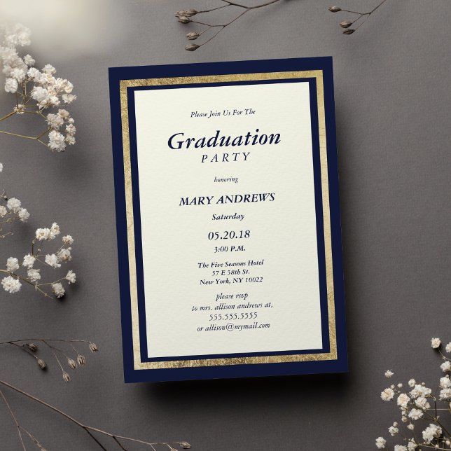 Elegant modern elfenbensflotta guld Studenten Inbjudningar (Elegant modern ivory navy blue gold Graduation)