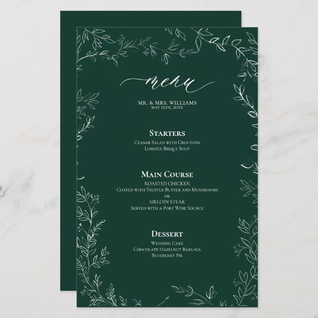 Elegant Modern Emerald Grönt Löv Bröllop Menu (Fram/baksida)