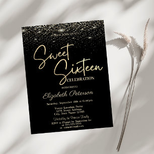 Elegant Modern Enkel Konfetti Svart Sweet 16 Inbjudningar