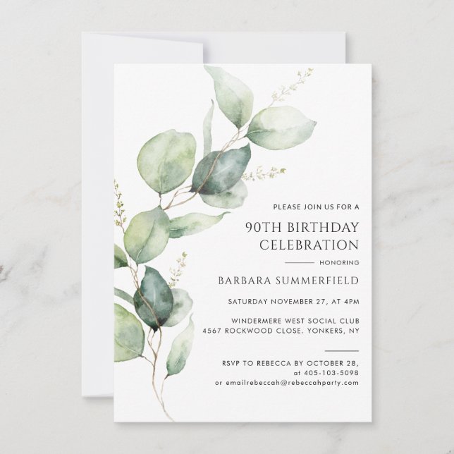 Elegant Modern Eucalyptus 90-årsfirande Inbjudningar (Framsida)