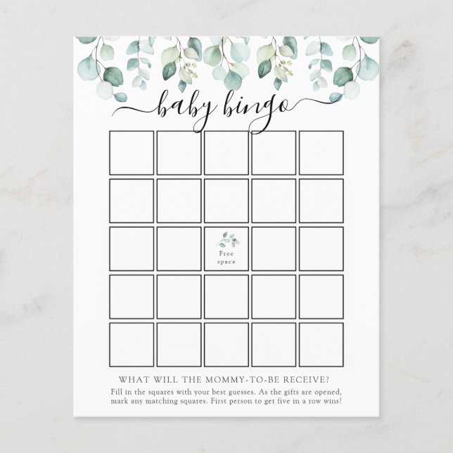 Elegant Modern Eucalyptus Baby Bingo-spelkort (Framsida)