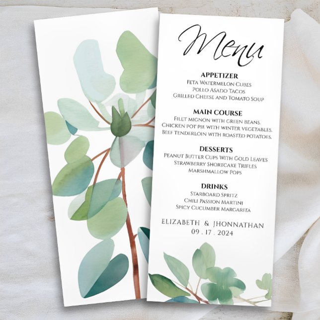 Elegant Modern Eucalyptus Greenery Bröllop Menu Meny (Skapare uppladdad)