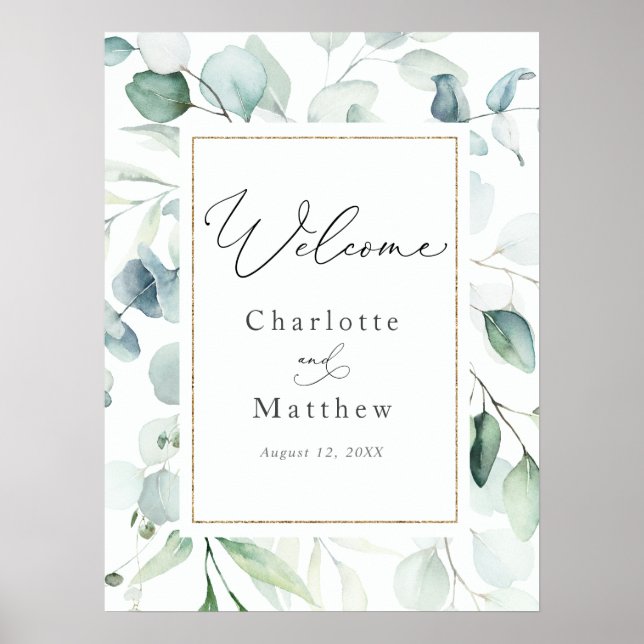 Elegant Modern Eucalyptus Greenery Bröllop Välkomm Poster (Framsidan)