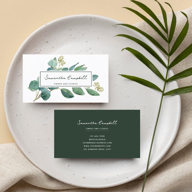Elegant Modern Eucalyptus & Script Emerald Grönt Visitkort (Skapare uppladdad)