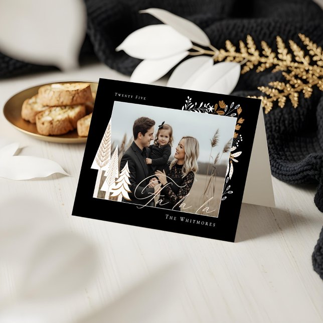 Elegant Modern Fa La Photo Evergreen jul Helgkort (Elegant Modern Fa La La Photo Evergreen Christmas Holiday Card)