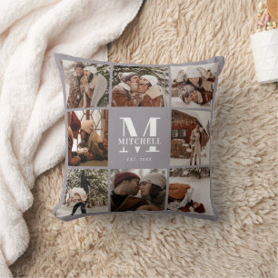 Elegant Modern Familjefotokollage Monogram Kudde