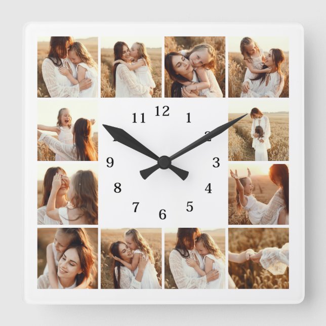 Elegant Modern Family 12 Photo Collage Keepsak Fyrkantig Klocka (Framsida)