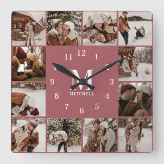 Elegant Modern Family 12 Photo Collage Monogram Fyrkantig Klocka