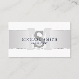Elegant Modern FAUX Silver Stripe Monogram White Visitkort