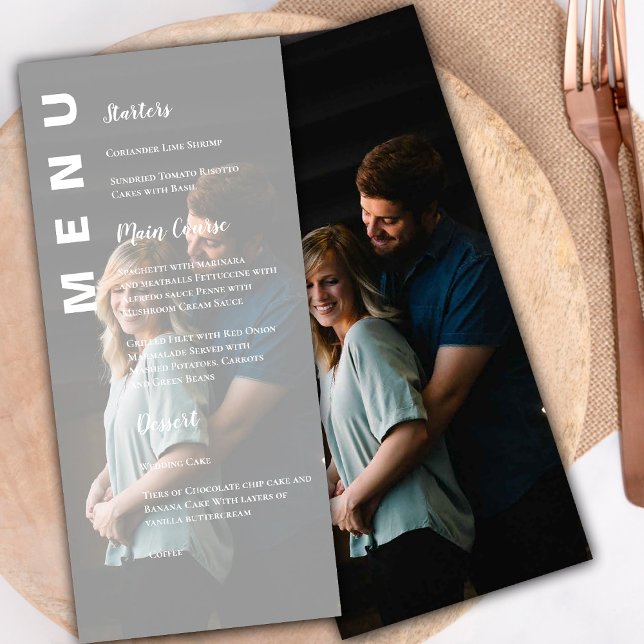 Elegant Modern Faux Vellum Photo Bröllopsfest Meny (Elegant Modern Faux Vellum Photo Wedding Party Menu)