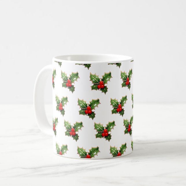 Elegant Modern Festive Holly jul Mönster Kaffemugg (Framsida vänster)