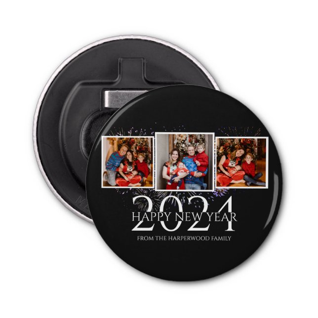 Elegant Modern Fireworks Gott nytt år Three Photo Flasköppnare (Framsidan)