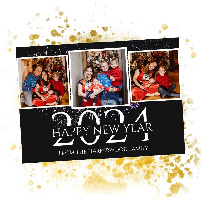 Elegant Modern Fireworks Gott nytt år Three Photo Julkort (Skapare uppladdad)