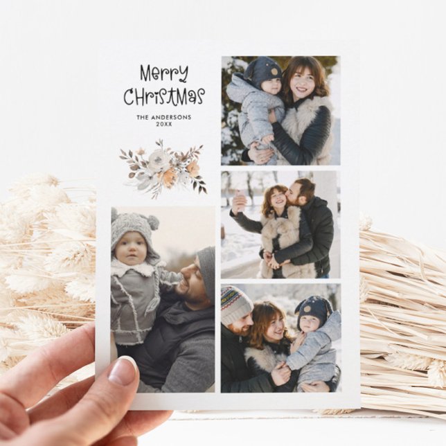 Elegant Modern flerfoto botaniskt vattenfärg Julkort (Skapare uppladdad)