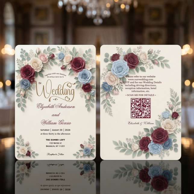 Elegant Modern Floral All In One QR Code Wedding Inbjudningar (Skapare uppladdad)