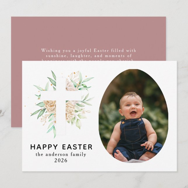 Elegant Modern Floral and Cross Happy Easter Photo Julkort (Fram/baksida)