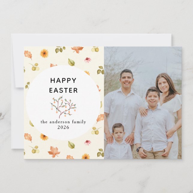 Elegant Modern Floral  Happy Easter Family Photo Julkort (Framsida)
