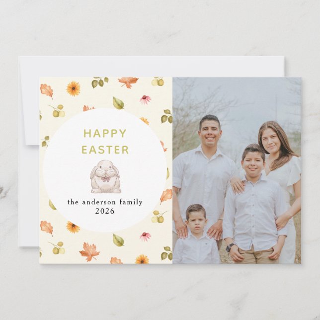 Elegant Modern Floral  Happy Easter Family Photo  Julkort (Framsida)