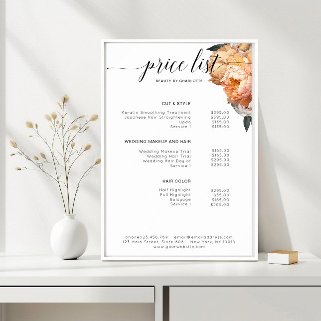 Elegant, Modern, Floral Peony prislista Affisch (Elegant, Modern, Floral Peony price list Poster)