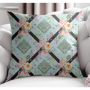 Elegant Modern Flowers och Blommigt Damask Blue Kudde