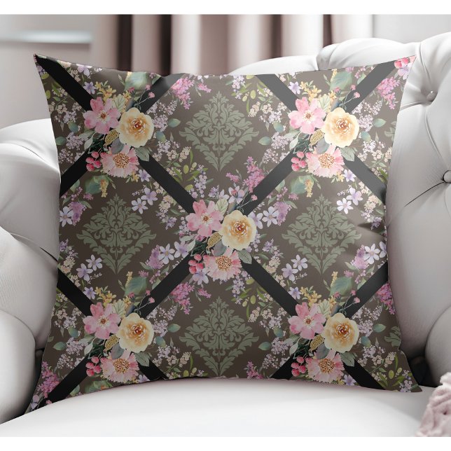 Elegant Modern Flowers och Blommigt Damask Brown Kudde (Skapare uppladdad)