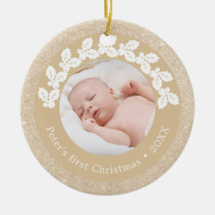 Elegant modern första julen baby foto anpassad julgransprydnad keramik