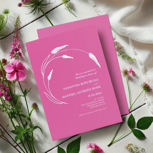 Elegant Modern Fuchsia Rosa Bröllop Inbjudningar (Pink floral wedding invitations wildflower line art by Victoria Grigaliunas Do Tell A Belle)