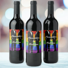 Elegant Modern Gay Mäns Bröllop Regnbåge Vinflaska Etikett