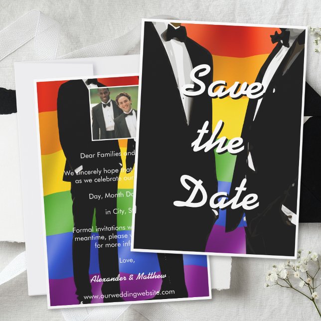 Elegant Modern Gay Men Wedding Photo Rainbow Spara Datumet (Skapare uppladdad)