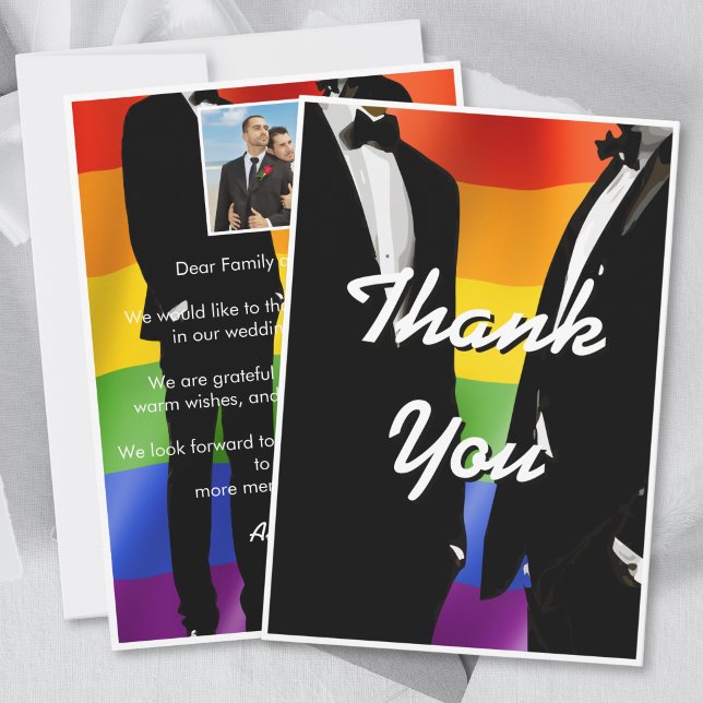 Elegant Modern Gay Men Wedding Rainbow Photo Tack Kort (Skapare uppladdad)