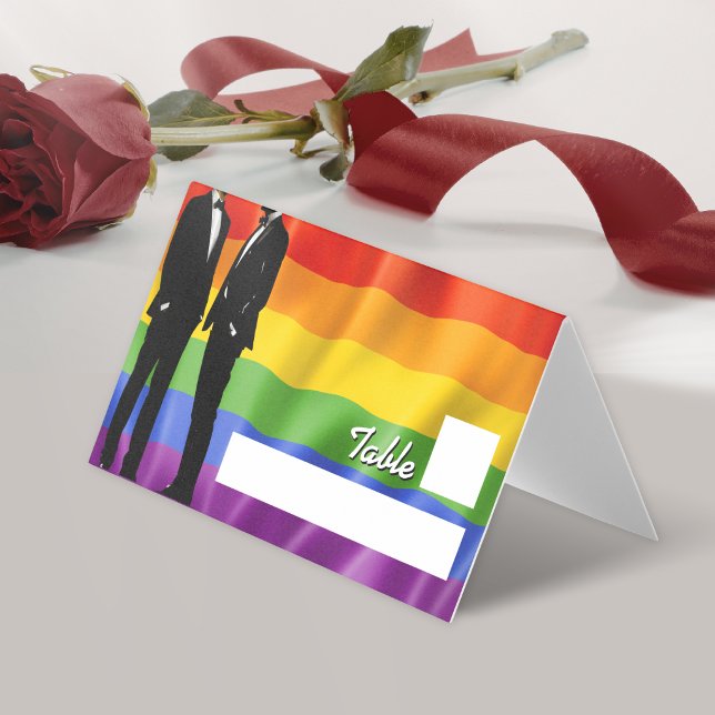 Elegant Modern Gay Men Wedding Rainbow Place Cards Kort (Skapare uppladdad)