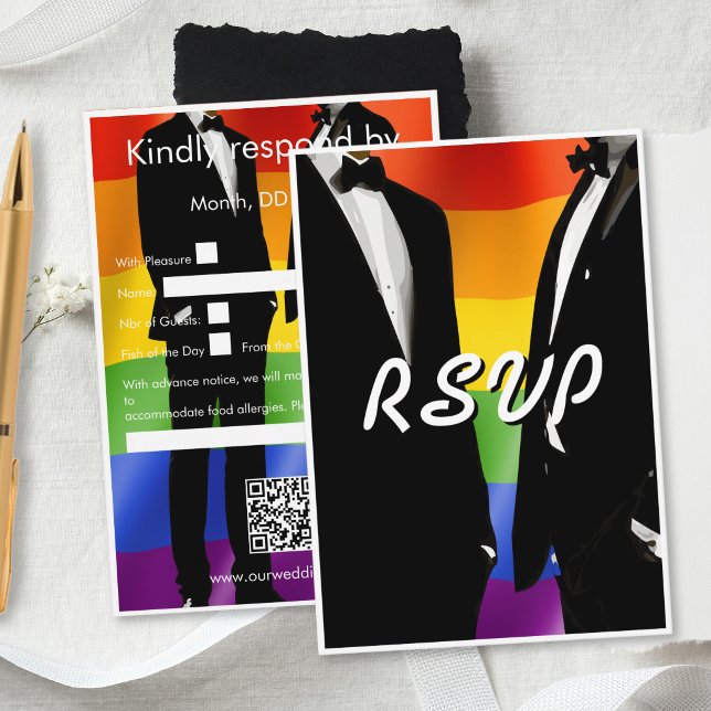 Elegant Modern Gay Men Wedding Rainbow QR Code OSA Kort (Skapare uppladdad)