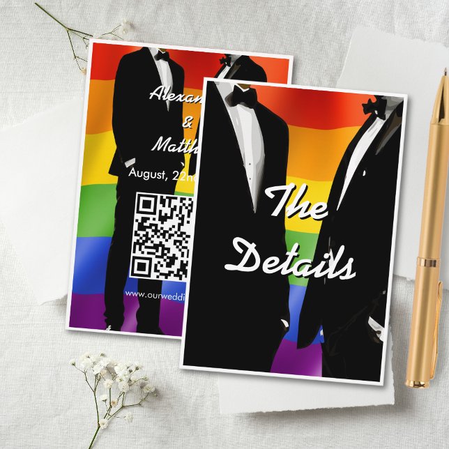 Elegant Modern Gay Men Wedding Rainbow QR Code Tilläggskort (Skapare uppladdad)