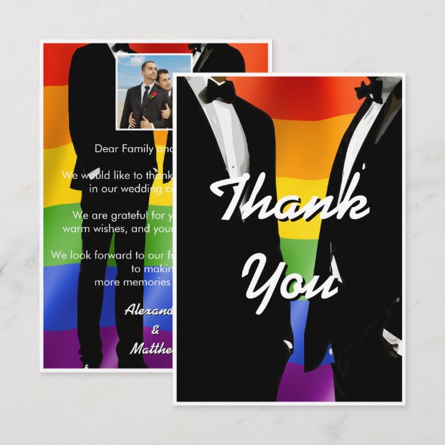 Elegant Modern Gay Men Wedding Rainbow Tack Kort (Fram/baksida)