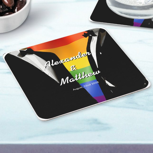 Elegant Modern Gaymans Bröllop Regnbåge Underlägg Papper Kvadrat (Skapare uppladdad)