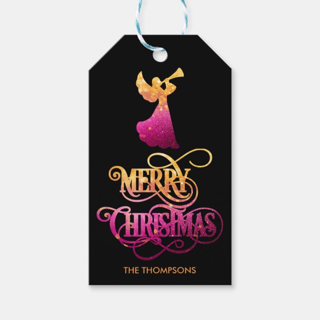 Elegant Modern Glitter Angel God jul Presentetikett (Framsidan)