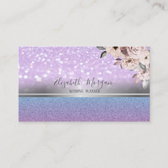 Elegant Modern Glitter Bokeh,Silver Rand,Blommor Visitkort (Framsida)