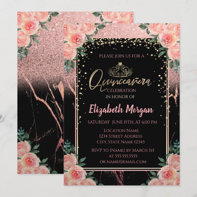 Elegant Modern Glitter Guld Tiara, Marble Flowers Inbjudningar (Fram/baksida)