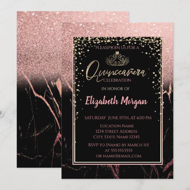 Elegant Modern Glitter Guld Tiara, Marble Inbjudningar (Fram/baksida)